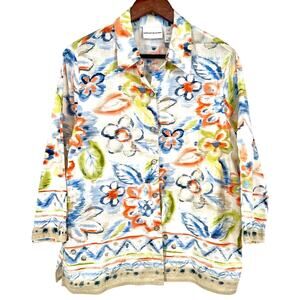Alfred Dunner Sz 14 Colorful Floral Tropical Blouse Shirt Top Artsy Mature Beach